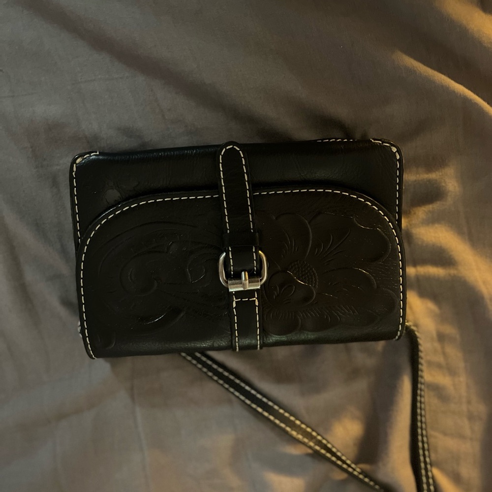 Patricia Nash Black Crossbody Bag with Vintage Leather and Silver Clasp